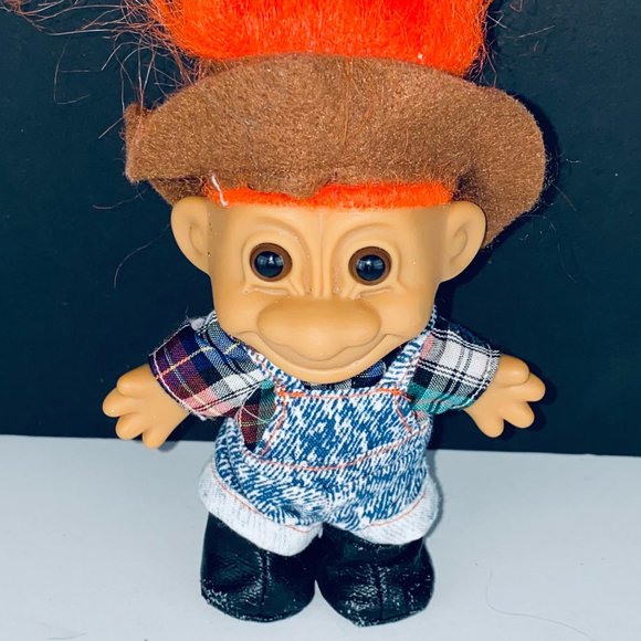 Russ Troll Doll Plaid Shirt Overalls Orange Hair Brown Hat Farmer Figure Toy - Picture 2 of 4